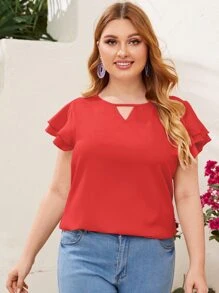 SHEIN Clasi Plus Keyhole Neck Layered Flutter Sleeve Top - Red - View 3