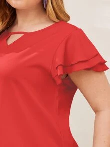 SHEIN Clasi Plus Keyhole Neck Layered Flutter Sleeve Top - Red - View 4