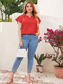 SHEIN Clasi Plus Keyhole Neck Layered Flutter Sleeve Top - Red - View 5