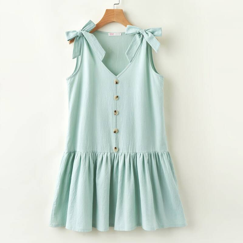 

Tie Shoulder Button Up Ruffle Dress, Mint green
