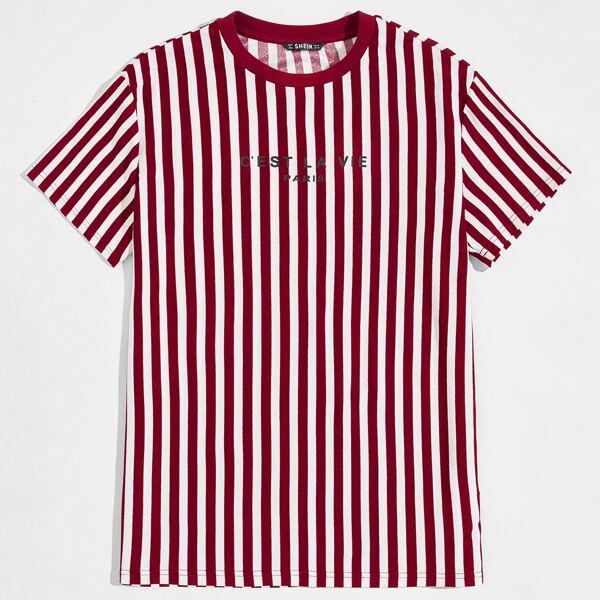 

Men Two Tone Striped Slogan Graphic Tee, Red and white