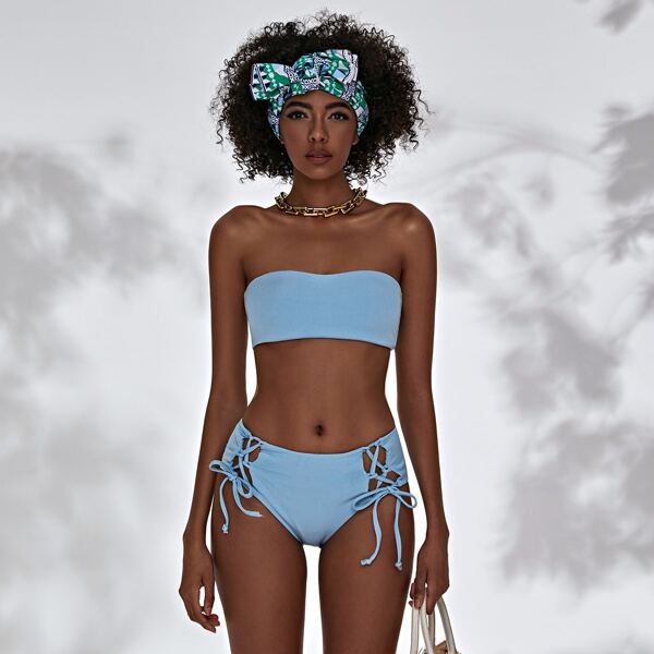 

Rib Bandeau Tie Side Bikini Swimsuit, Pastel baby blue