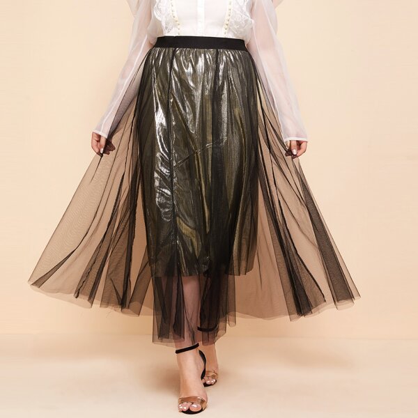 

Plus Mesh Overlay Flared Skirt, Black