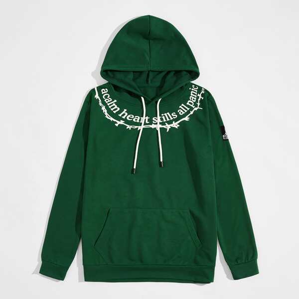 

Men Slogan Graphic Kangaroo Pocket Hoodie, Green