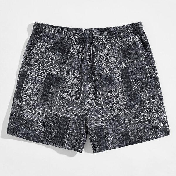 

Men Drawstring Waist Tribal Shorts, Black