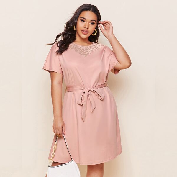 

Plus Contrast Lace Tee Dress With Belt, Baby pink