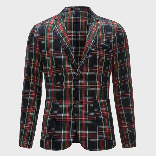 

Men Notched Collar Patch Pocket Tartan Blazer, Multicolor