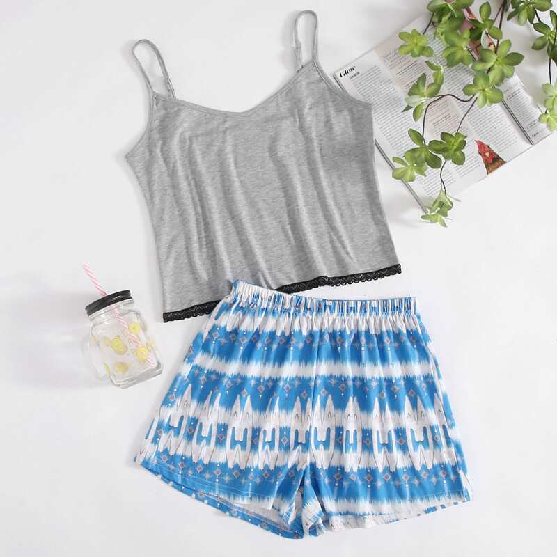 

Lace Trim Cami & Tie Dye Shorts PJ Set, Multicolor