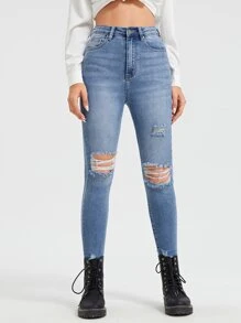 Bleach Wash High Stretch Ripped Skinny Jeans