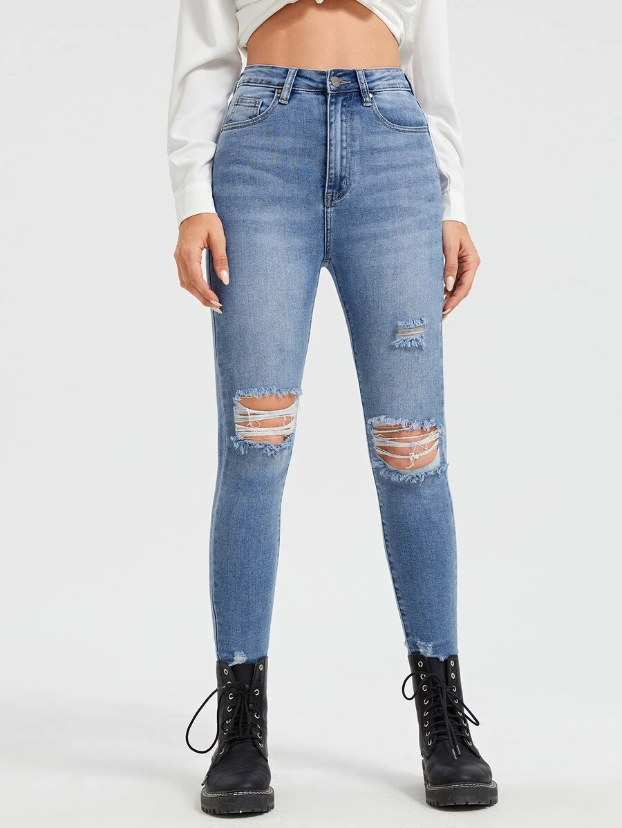 Bleach Wash High Stretch Ripped Skinny Jeans