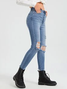 Bleach Wash High Stretch Ripped Skinny Jeans