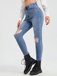 Bleach Wash High Stretch Ripped Skinny Jeans