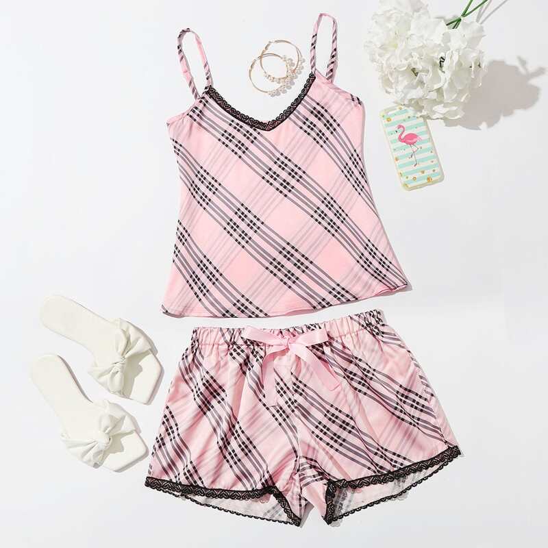 

Lace Trim Striped Satin Cami PJ Set, Baby pink
