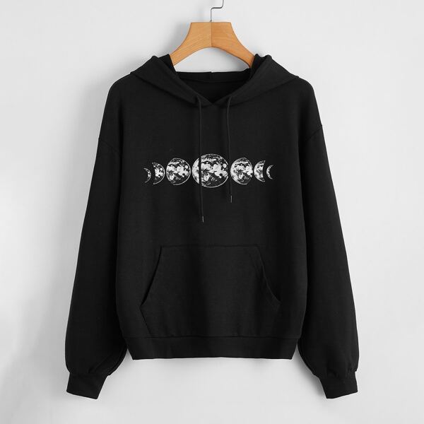 

Moon Print Kangaroo Pocket Drawstring Hoodie, Black
