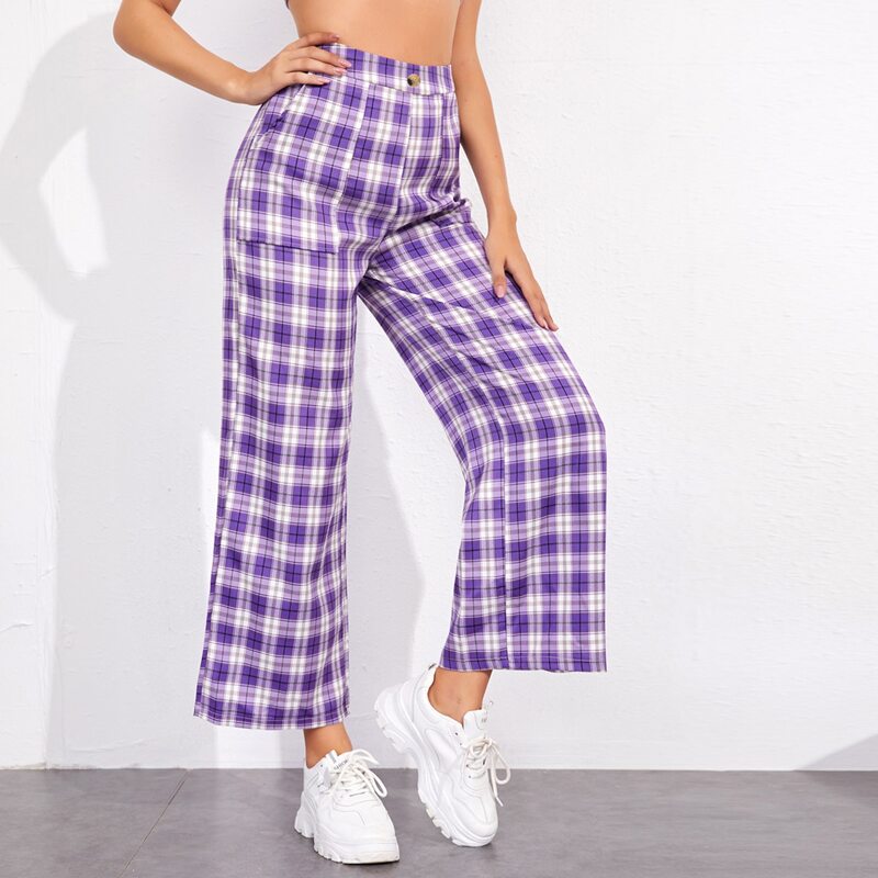 

High Waist Slant Pocket Tartan Pants, Multicolor