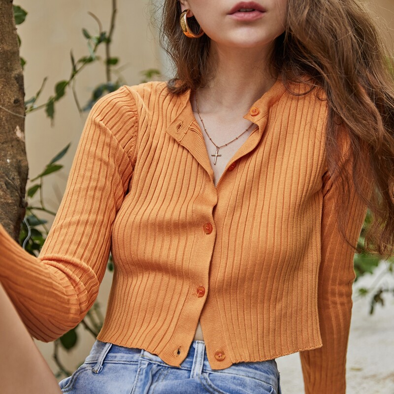 

Button Front Rib-knit Crop Skinny Cardigan, Orange