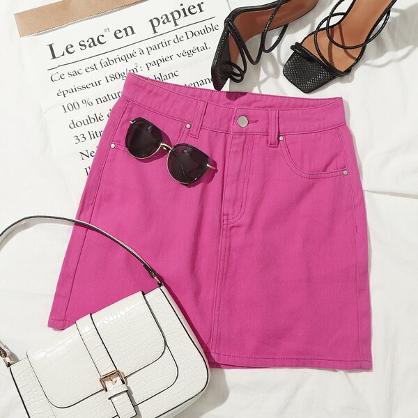 

Slant Pocket Straight Denim Skirt, Hot pink