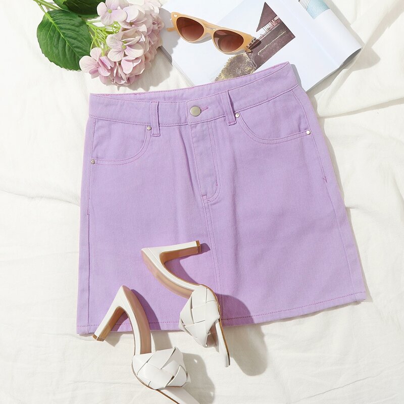 

Slant Pocket Straight Denim Skirt, Lilac purple