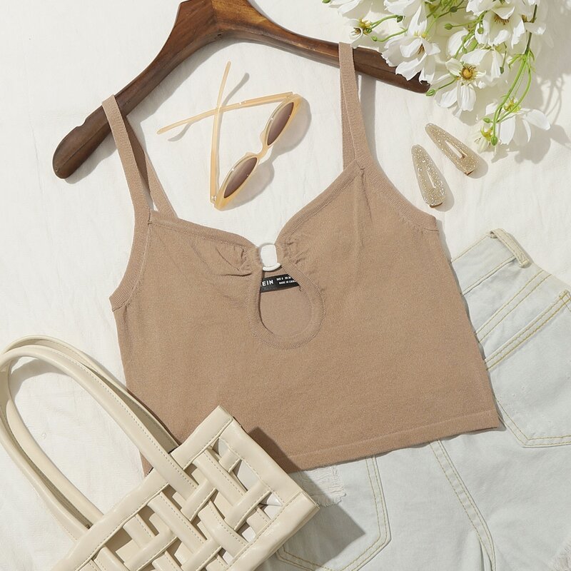 

Solid Crop Knit Cami Top, Khaki