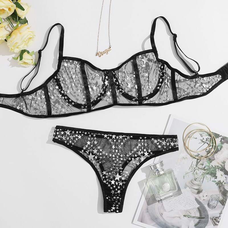 

Star Pattern Mesh Underwire Lingerie Set, Black