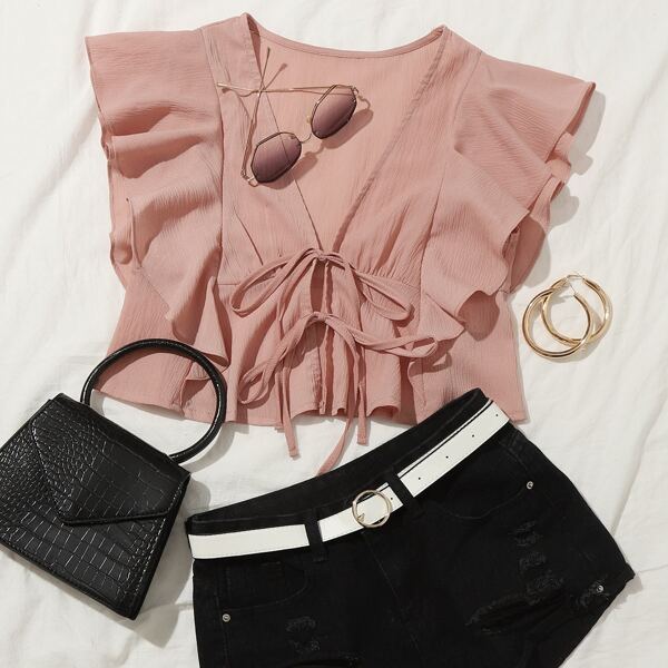 

Tie Front Ruffle Trim Crop Top, Dusty pink
