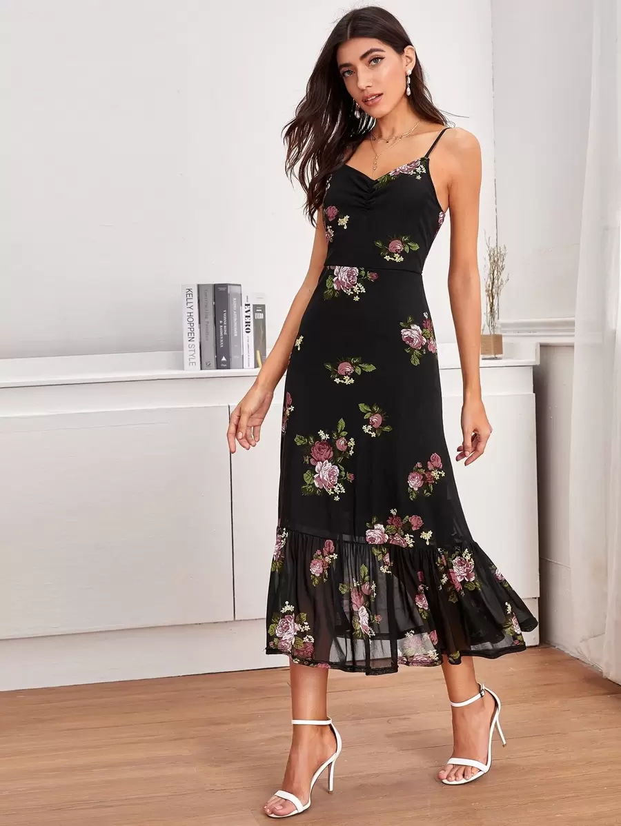 SHEIN LUNE Ruffle Hem Floral Cami Dress - Black - View 1