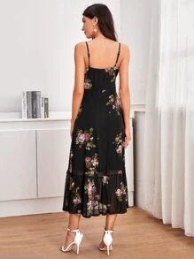 SHEIN LUNE Ruffle Hem Floral Cami Dress - Black - View 2