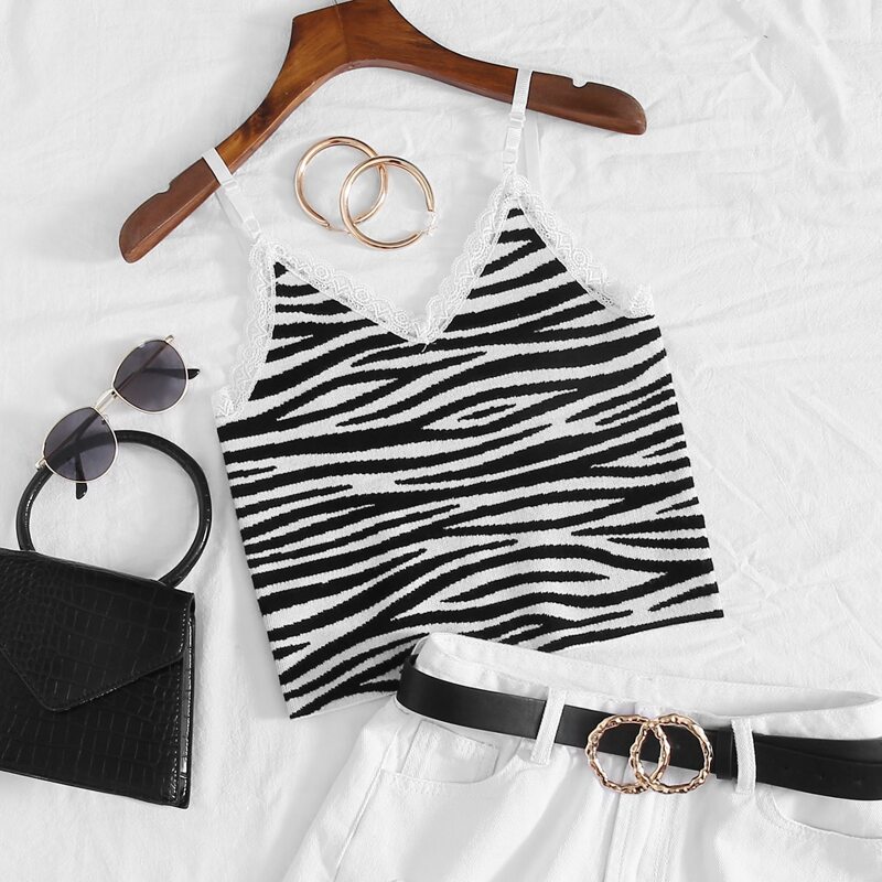 

Zebra Striped Lace Trim Knit Cami Top, Black and white