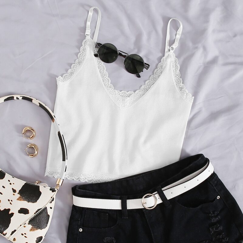 

Lace Trim Knit Cami Top, White