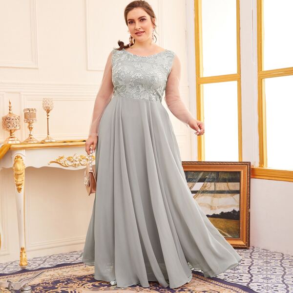 

Plus Contrast Mesh Sleeve Embroidery Maxi Prom Dress, Grey