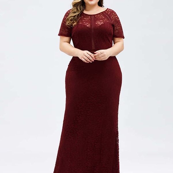 

Plus Lace Overlay Maxi Mermaid Prom Dress, Maroon
