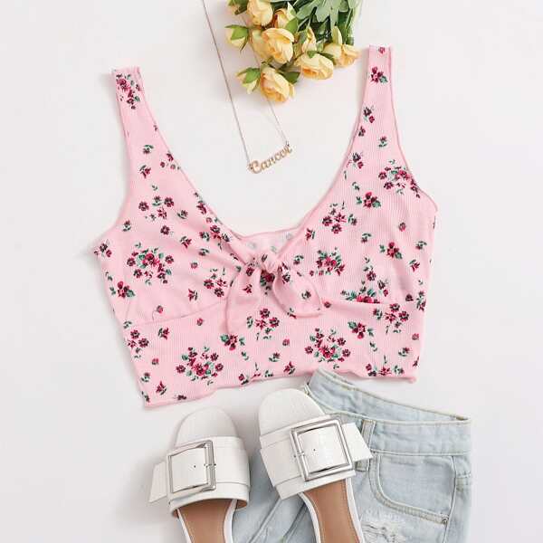 

Tie Front Ditsy Floral Tank Top, Pastel baby pink