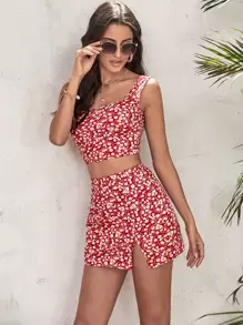 Soleia Ditsy Floral Crop Tank Top & Split Hem Skirt Set - Red - View 4