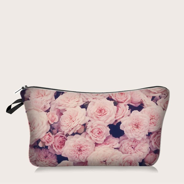 

1pc Flower Print Makeup Bag, Pink