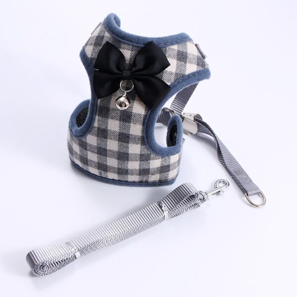 

1pc Dog Gingham Vest Harness & 1pc Leash, Grey