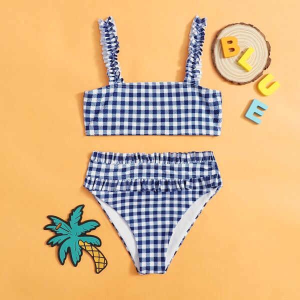 

Girls Gingham Ruffle Trim Bikini Swimsuit, Blue and white