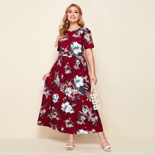 

Plus Floral Print Maxi Dress, Burgundy