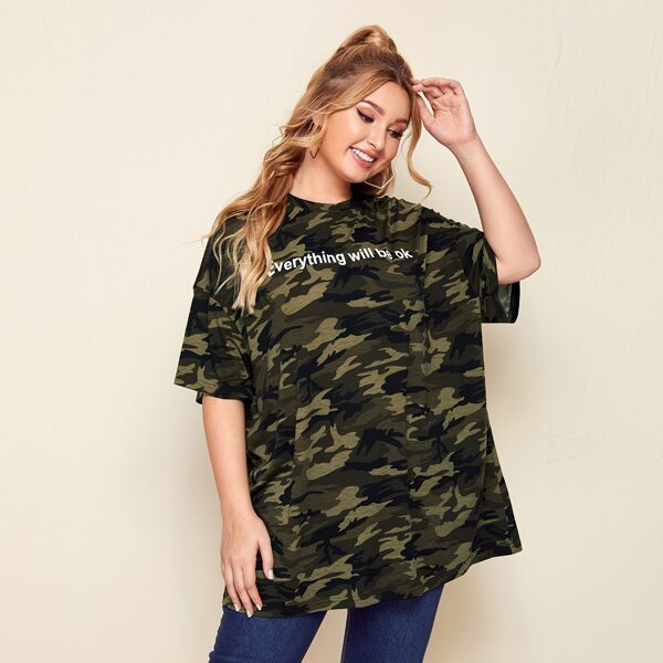 

Plus Letter Graphic Camo Longline Oversized Tee, Multicolor