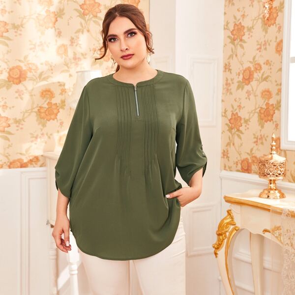 

Plus Rolled Tab Sleeve Zip Front Top, Army green