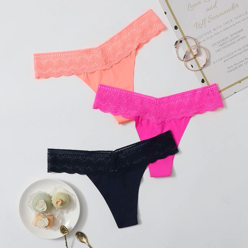 

3pack Scallop Lace Trim Thong Set, Multicolor
