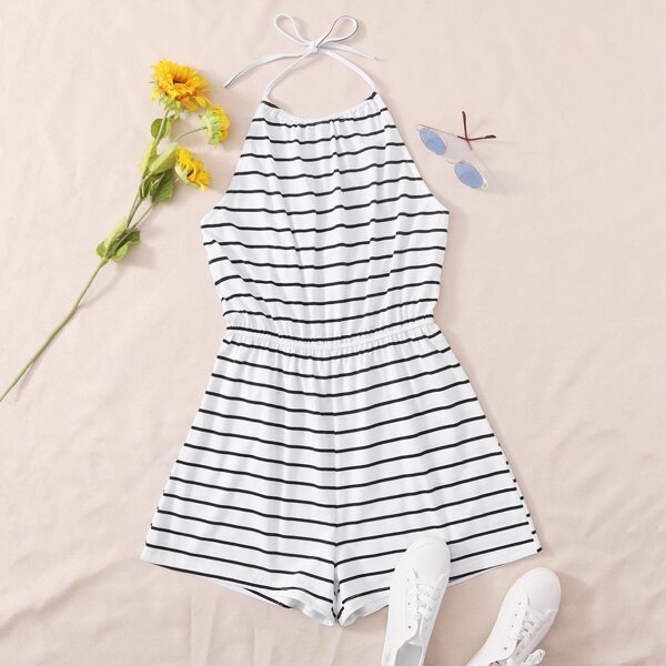 

Plus Blouson Waist Striped Halter Romper, White
