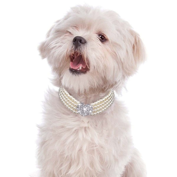 

1pc Rhinestone Heart Decor Beaded Dog Necklace, White