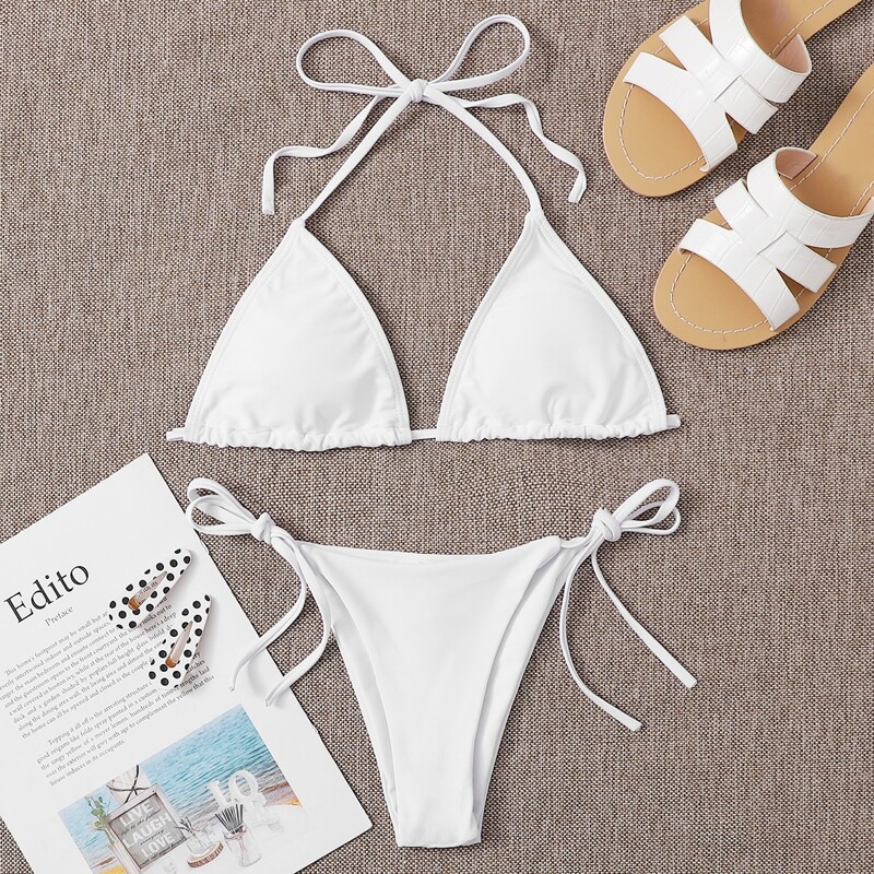 

Triangle Tie Side Bikini Swimsuit, White