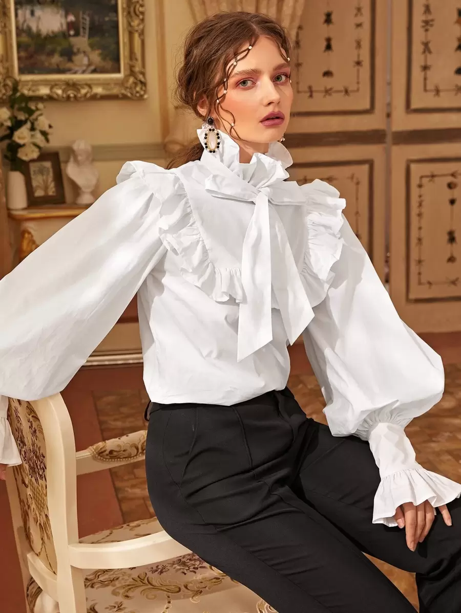 SHEIN Privé Tie Neck Blouson Sleeve Ruffle Trim Top - White - View 1