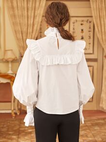 SHEIN Privé Tie Neck Blouson Sleeve Ruffle Trim Top - White - View 2