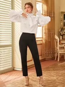 SHEIN Privé Tie Neck Blouson Sleeve Ruffle Trim Top - White - View 6