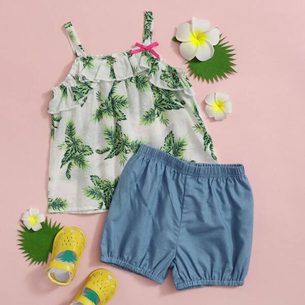 

Toddler Girls Tropical Print Ruffle Cami Top With Shorts, Multicolor
