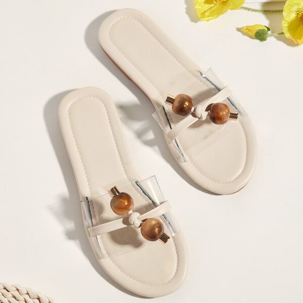 

Clear Bead Decor Slide Sandals, Beige