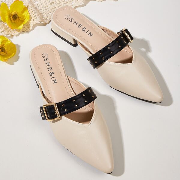 

Studded & Buckle Decor Flat Mules, Beige