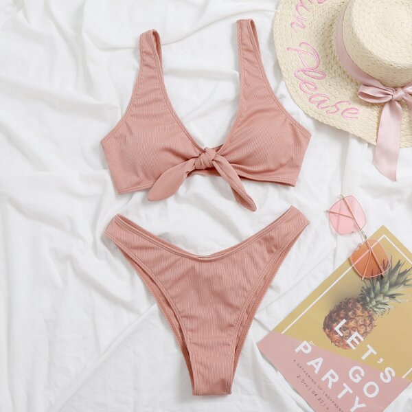 

Rib Knot Front Bikini Swimsuit, Pastel dusty pink